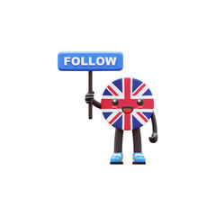 Cute 3D United Kingdom flag mascot holding blue board with �Follow� text symbolizing social media engagement.