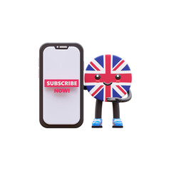Cute 3D United Kingdom flag mascot standing beside smartphone with �Subscribe Now� text encouraging channel follow.