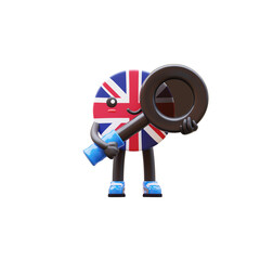 Cute 3D United Kingdom flag mascot holding magnifying glass symbolizing search, exploration, and discovery concept.