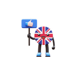 Cute 3D United Kingdom flag mascot holding blue board with thumbs up icon symbolizing positive feedback and approval.