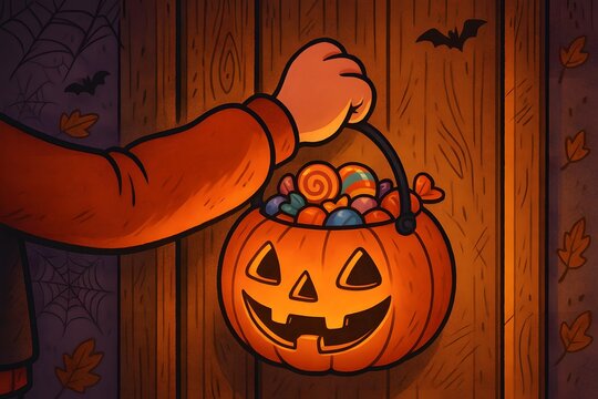 Hand holding jack o' lantern candy bucket filled with sweets on Halloween