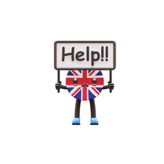 Cute 3D United Kingdom flag mascot holding �Help!!� sign with sad face symbolizing request for assistance or support.