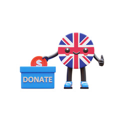 Cute 3D United Kingdom flag mascot putting coin into donation box representing charity and kindness concept.