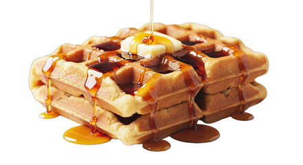 Golden Brown Waffle Stack Topped With Butter And Drizzled With Maple Syrup On A Transparent Background