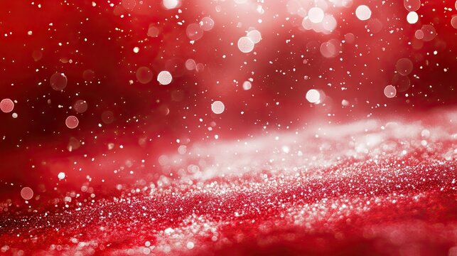 Captivating red background with shimmering glitter and sparkling bokeh effect creating a festive, magical ambiance for celebrations and events