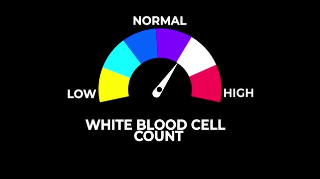 Animated white blood cell count meter showing movement from low level to normal level, ideal for medical, immunity, infection.