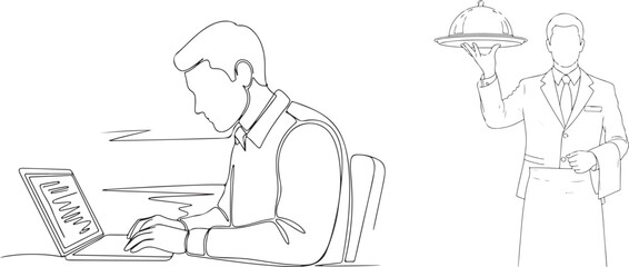 Continuous Line Drawing of a Man Working and a Waiter