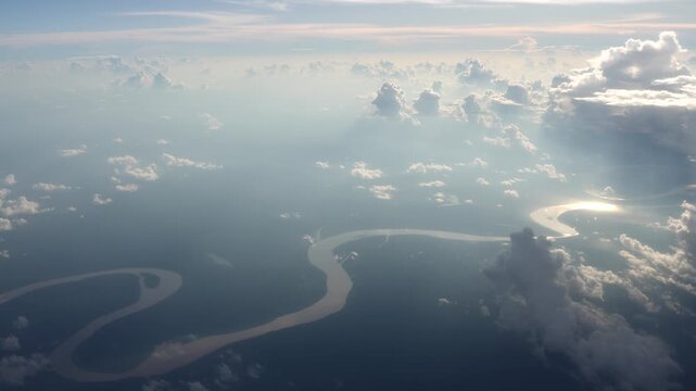 amazon river aerial huge panorama from airplane window at sunset