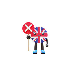 Cute 3D United Kingdom flag mascot holding red wrong sign symbolizing error, mistake, and incorrect action.