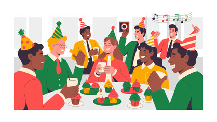 Celebration of joy: Group of joyful individuals gather around a table adorned with cupcakes, laughter, and cheer. capturing the pure joy of the celebration.