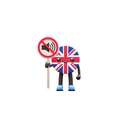 Cute 3D United Kingdom flag mascot holding no sound or mute sign representing silence and respect zone.