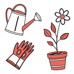 Gardening Tools and Potted Flower Illustration watering can