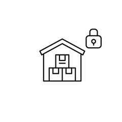 Warehouse with boxes and lock. Secure shipment and delivery, safe e-commerce. Pixel perfect, editable stroke vector icon