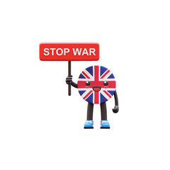 Cute 3D United Kingdom flag mascot holding red board with �Stop War� text symbolizing peace and unity message.