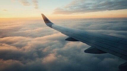 Obraz premium Breathtaking View from Airplane Window at Sunset Over the Cloudy Sky Exudes Tranquility and Adventure in the Golden Hour of Travel Experience