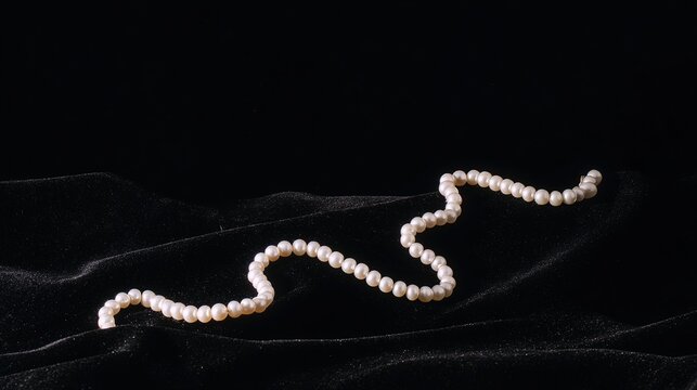 Pearl necklace, elegant lustrous pearls, on black velvet background, top view, copy space.