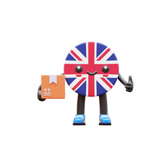 Cute 3D United Kingdom flag mascot holding parcel box representing delivery, logistics, and e-commerce service.