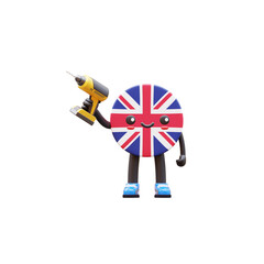 Cute 3D United Kingdom flag mascot wearing helmet holding electric drill representing engineering, work, and construction.