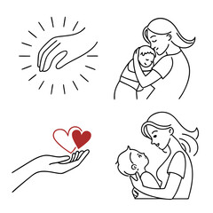 Motherhood and Care Icons with Line Art Style baby