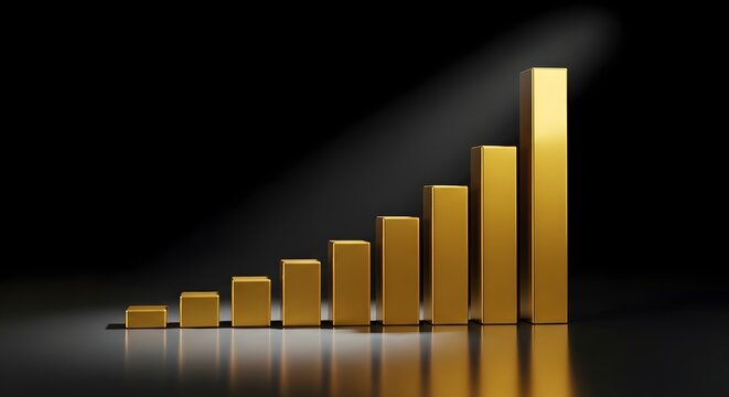 Financial success and growth illustrated by a 3D gold bar chart with an upward arrow showing market profit statistics