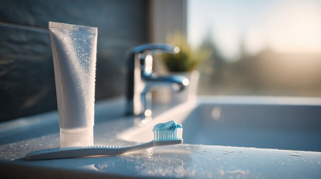 Morning Routine - Toothbrush and Toothpaste on Bathroom Sink with Sunlight.