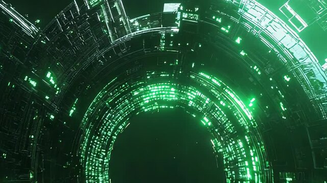 Futuristic space station with glowing green technology in deep space