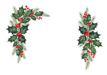 Christmas holly and pine garland corner and vertical accent isolated on transparent background
