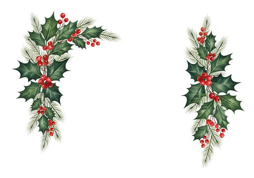 Christmas holly and pine garland corner and vertical accent isolated on transparent background