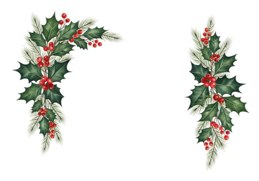 Christmas holly and pine garland corner and vertical accent isolated on transparent background