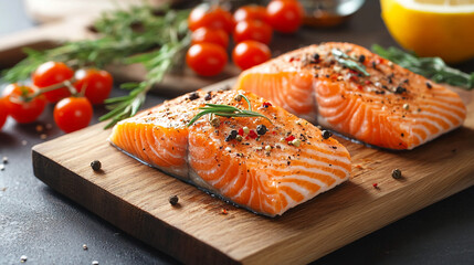 Succulent salmon fillets seasoned with fresh herbs and vibrant spices, ready for a healthy gourmet meal, promising a delicious and nutritious dining experience at home
