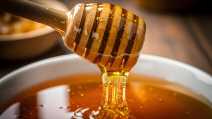 Golden honey dripping from a wooden dipper into a bowl