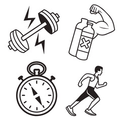 Fitness and Workout Icons with Dumbbell Stopwatch and Runner