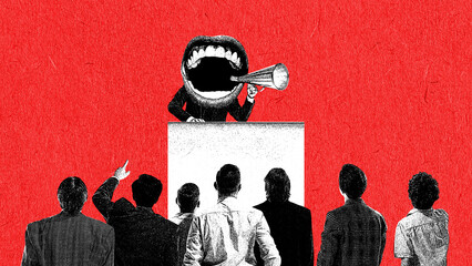 Bold collage of giant shouting mouth addressing business crowd with aggressive authority. Concept of leadership pressure, corporate conflict, communication issues, marketing visuals, editorial design.