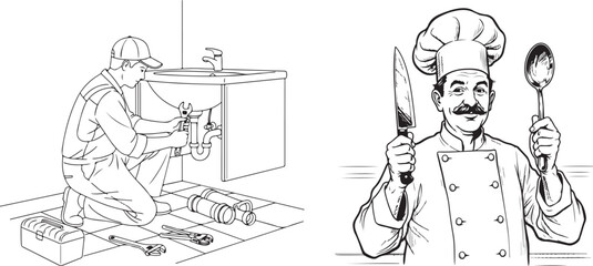 Cartoon illustration of plumber repairing sink and chef with knife