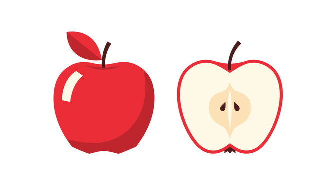 A ripe red apple and its cross-section revealing its seeds and core.