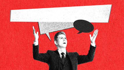 Expressive artwork of businessman raising hands with bold speech bubbles. Concept of leadership communication, motivational speaking, corporate dialogue, emotional expression.