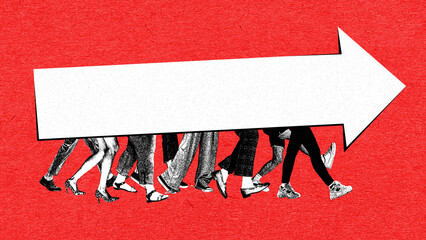 Dynamic collage of walking legs carrying a giant arrow forward. Concept of teamwork direction, shared progress, group strategy, collective movement toward goals. © master1305