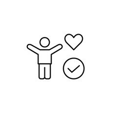 Person with arms raised in celebration and heart. Wellness, care and supportive experience. Pixel perfect, editable stroke vector icon