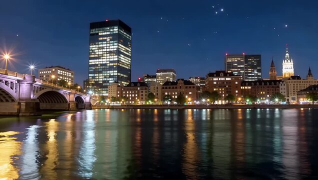 Night city skyline along a calm river with illuminated bridge and reflections