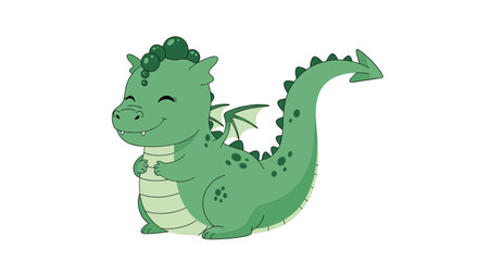 Naklejka premium A cute happy green baby dragon is playfully dancing with closed eyes in a joyful manner.