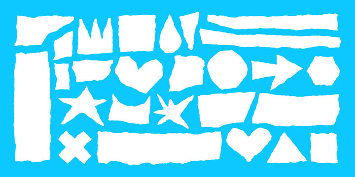 Jagged edge torn paper piece collage grunge cut out shapes vector illustration. Ripped paper abstract frame shape text box template collection.