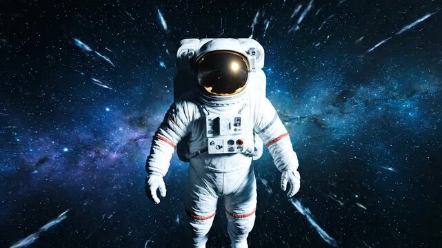 A lone astronaut floats in space, amid a cosmic expanse of stars and galaxies, a surreal experience