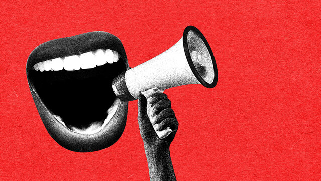 Powerful collage of a wide open mouth shouting into a megaphone. Concept of strong voice, activism, marketing power, social messaging and expressive communication.