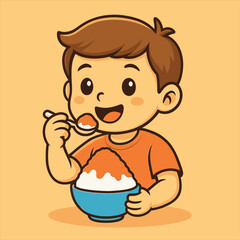 Happy boy enjoying a sweet dessert from a bowl, cute cartoon character flat vector logo illustration