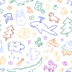 Repeatable pattern of kids doodles of animals, clouds, trees and flowers on the wall. Endless background of child scribbles with chalk, crayon. Cute childish art. Outline seamless vector illustration