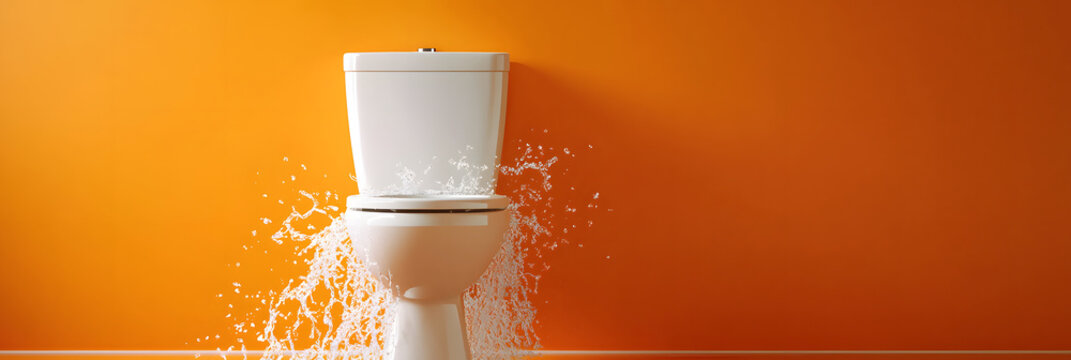 Flushing Toilet Closeup wide banner - orange background