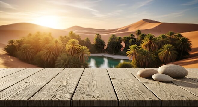 Wooden table with desert oasis background and sun setting on the horizon