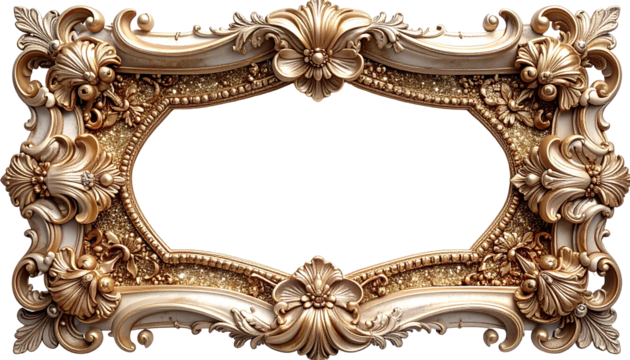 Ornate gold-toned decorative frame with elaborate scrollwork and a blank center
