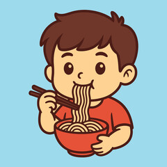 Cute Boy Eating Noodles Flat Vector Logo Illustration