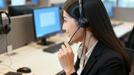 Asian female customer service representative with headset smiling and speaking office call center environment offering friendly support to help